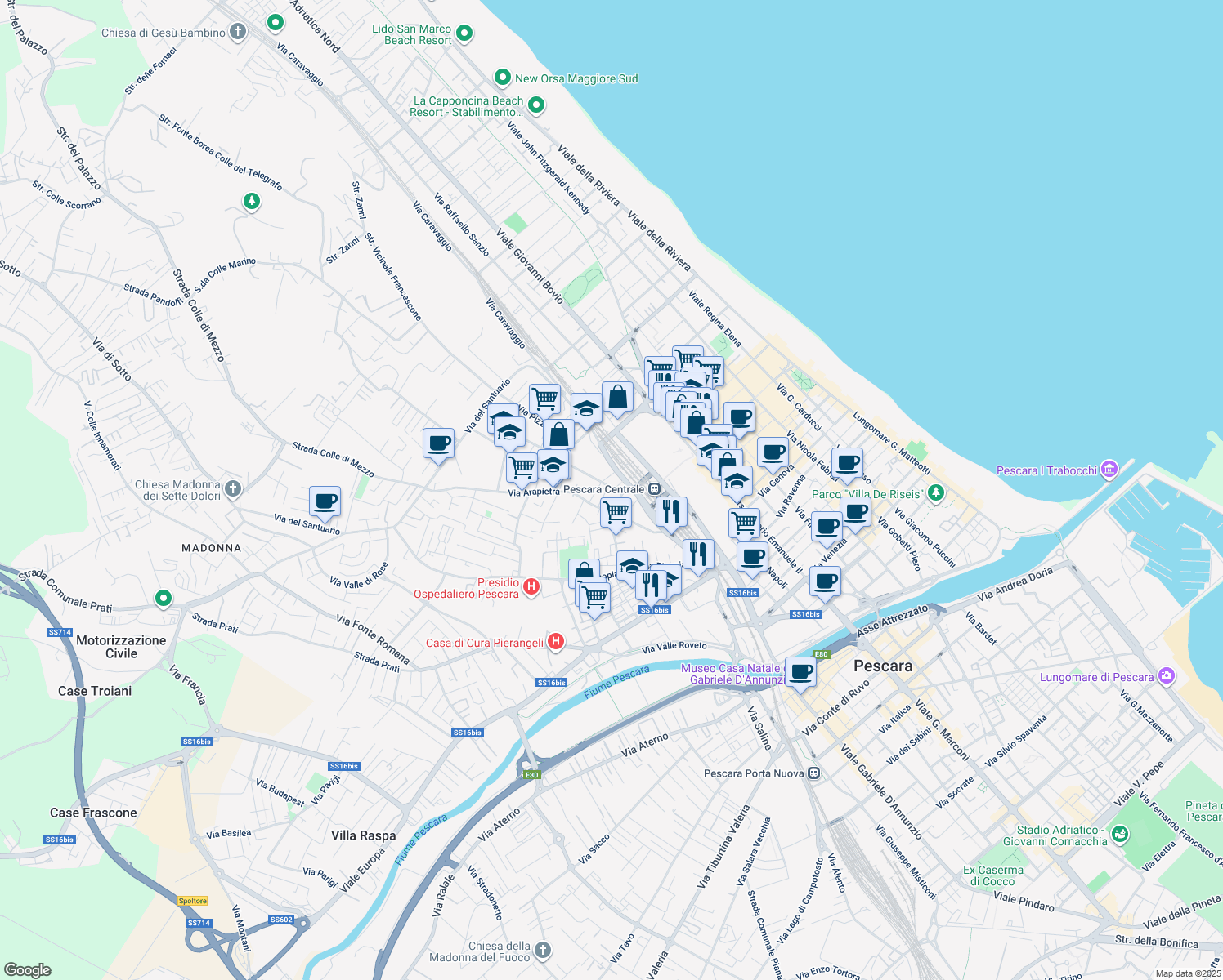 map of restaurants, bars, coffee shops, grocery stores, and more near 5 Via Fucino in Pescara