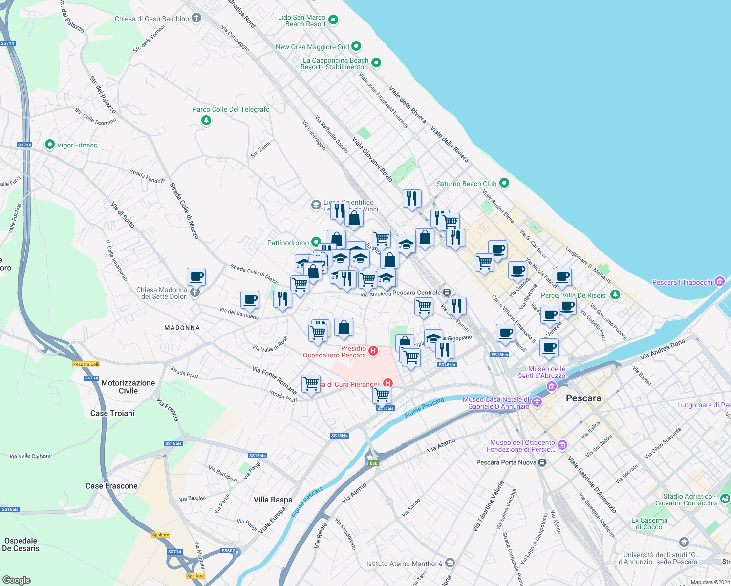 map of restaurants, bars, coffee shops, grocery stores, and more near 99 Via Passo della Portella in Pescara