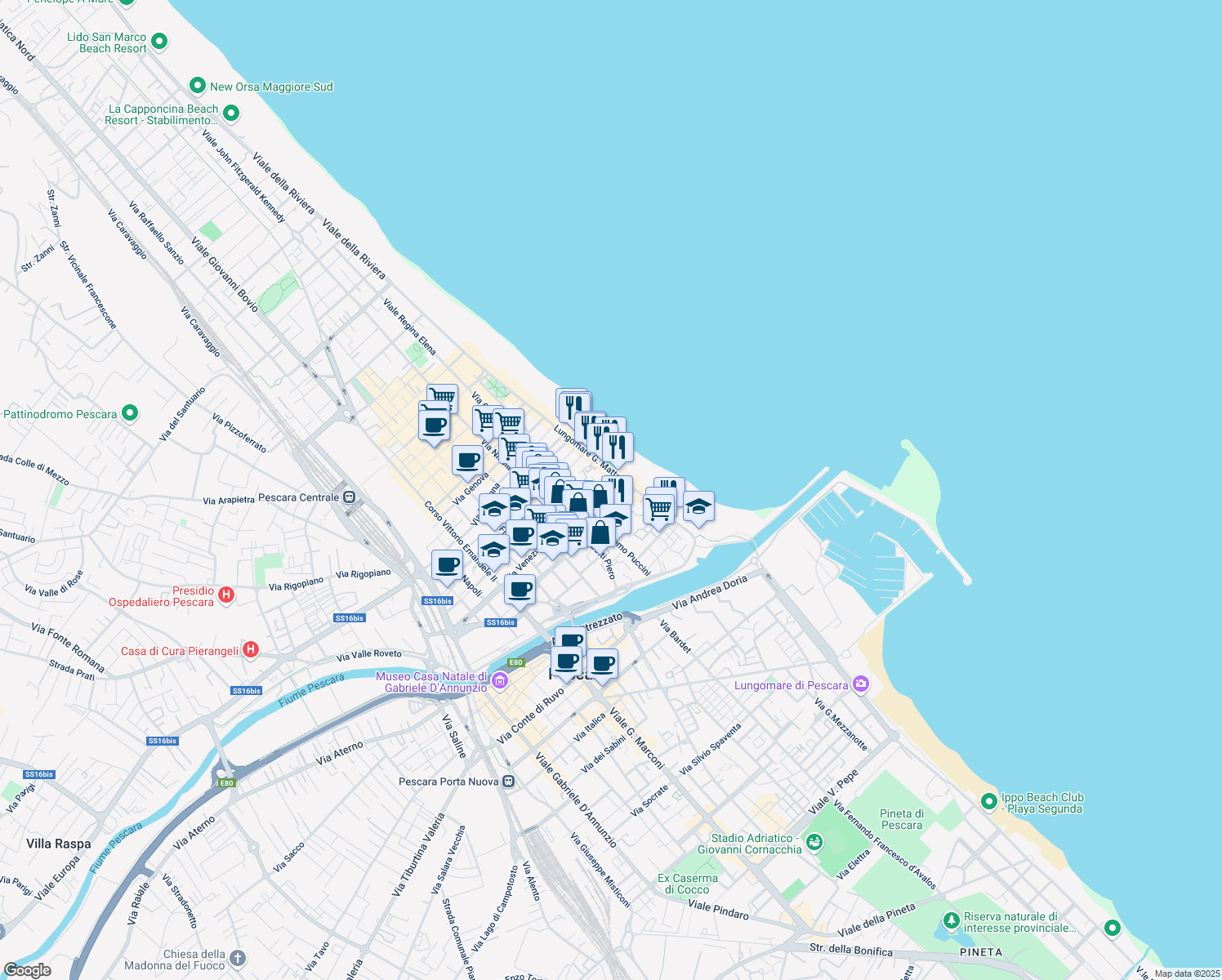 map of restaurants, bars, coffee shops, grocery stores, and more near 35 Lungomare Giacomo Matteotti in Pescara