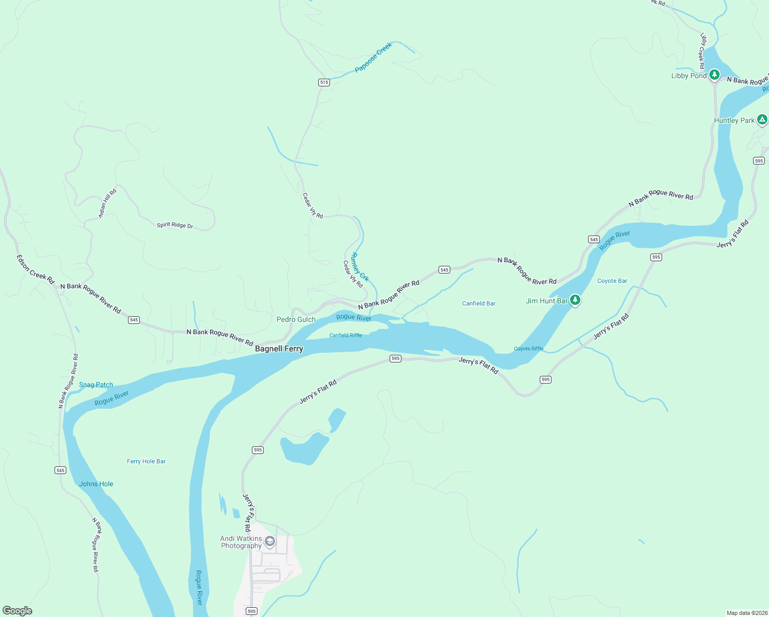 map of restaurants, bars, coffee shops, grocery stores, and more near 95950 North Bank Rogue River Road in Gold Beach
