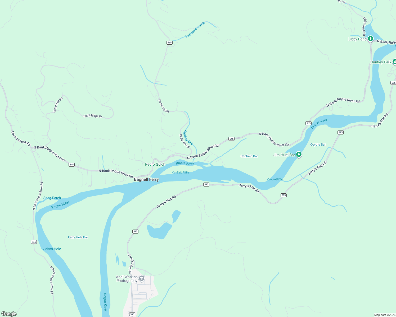 map of restaurants, bars, coffee shops, grocery stores, and more near 95950 North Bank Rogue River Road in Gold Beach