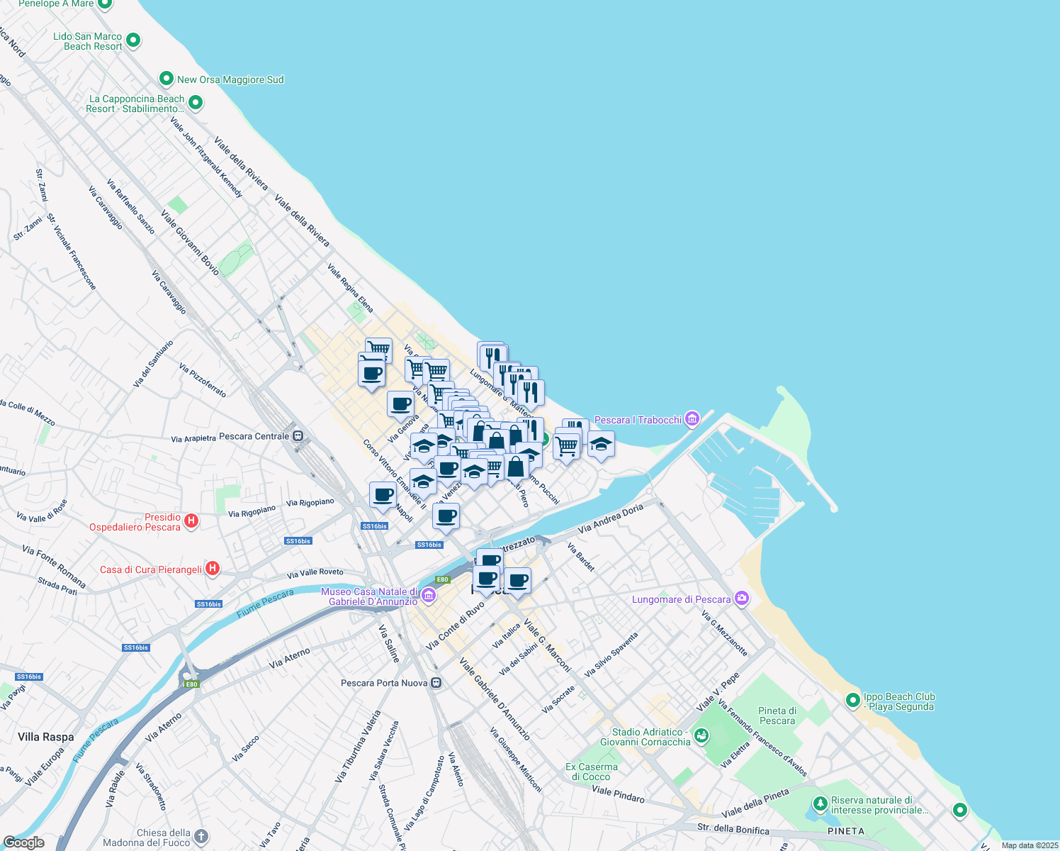 map of restaurants, bars, coffee shops, grocery stores, and more near 35 Lungomare Giacomo Matteotti in Pescara