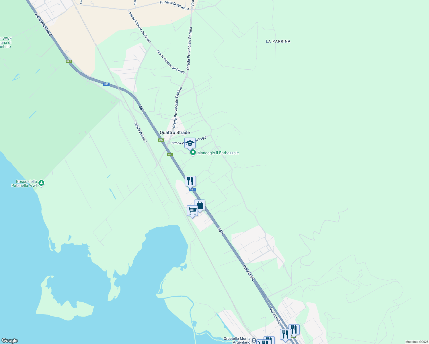 map of restaurants, bars, coffee shops, grocery stores, and more near in Province of Grosseto