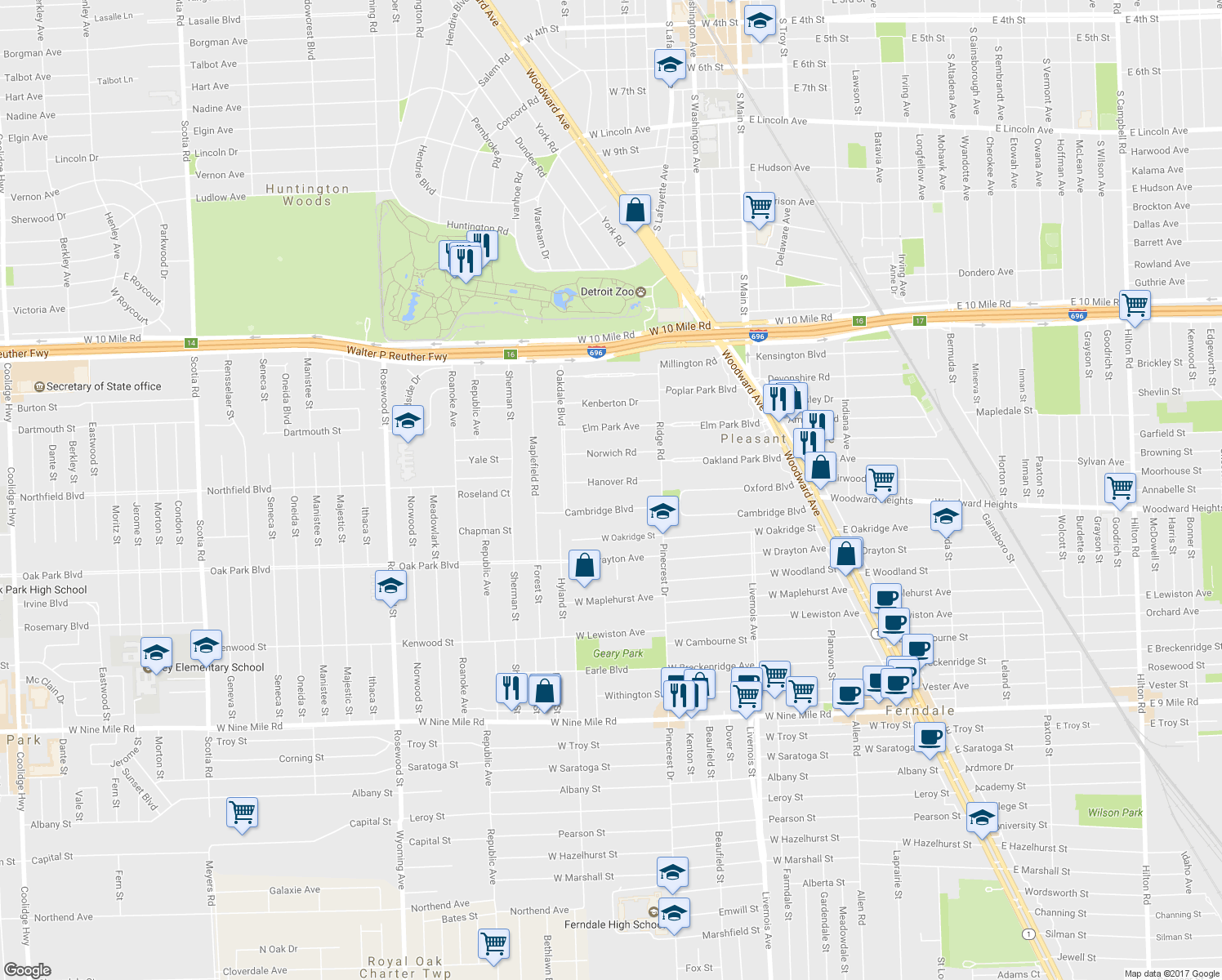 map of restaurants, bars, coffee shops, grocery stores, and more near 21 Hanover Road in Pleasant Ridge