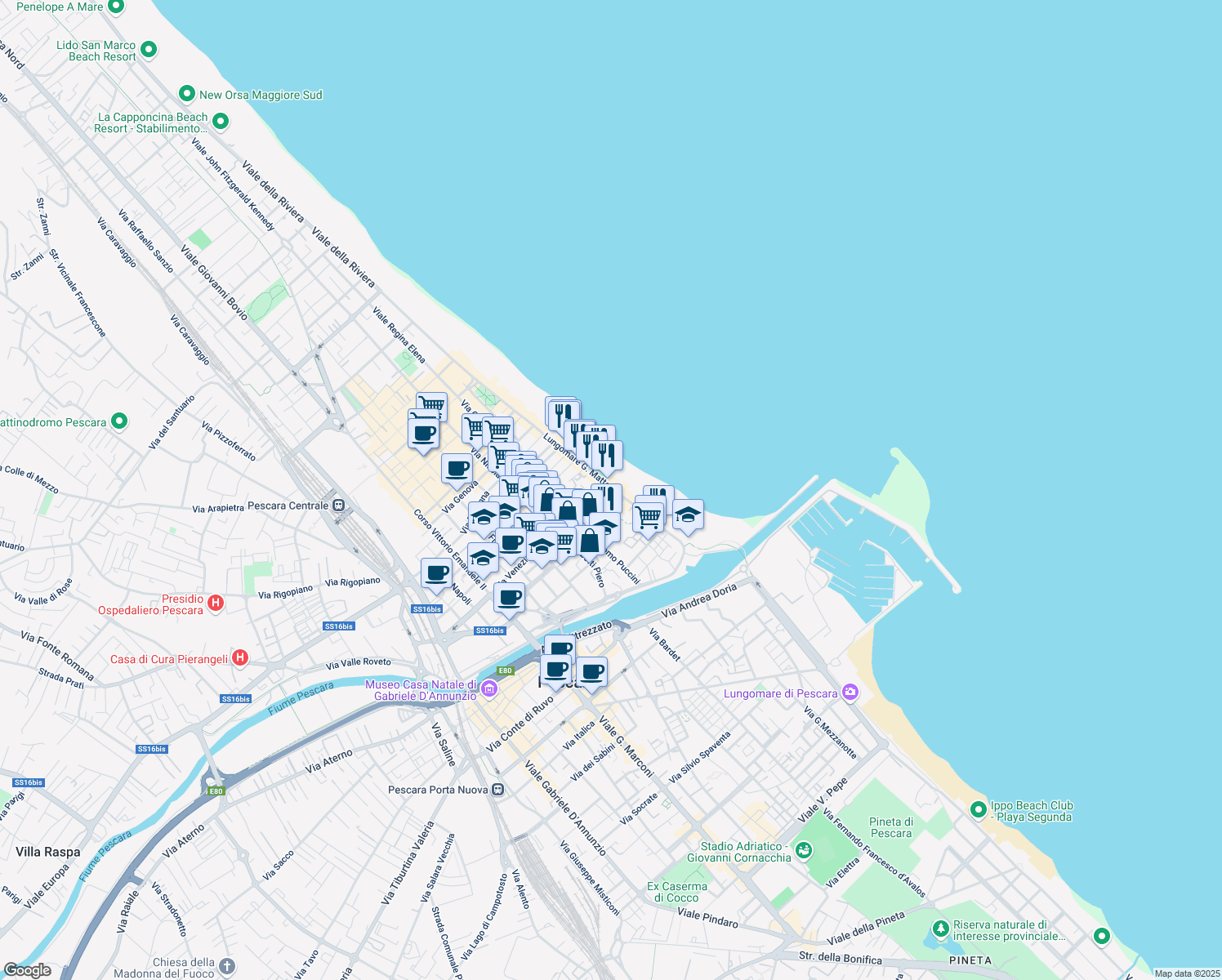 map of restaurants, bars, coffee shops, grocery stores, and more near 35 Lungomare Giacomo Matteotti in Pescara