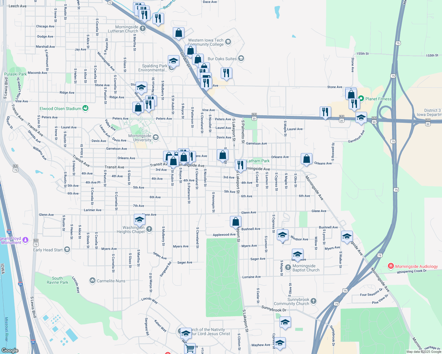 map of restaurants, bars, coffee shops, grocery stores, and more near 4599 3rd Ave in Sioux City
