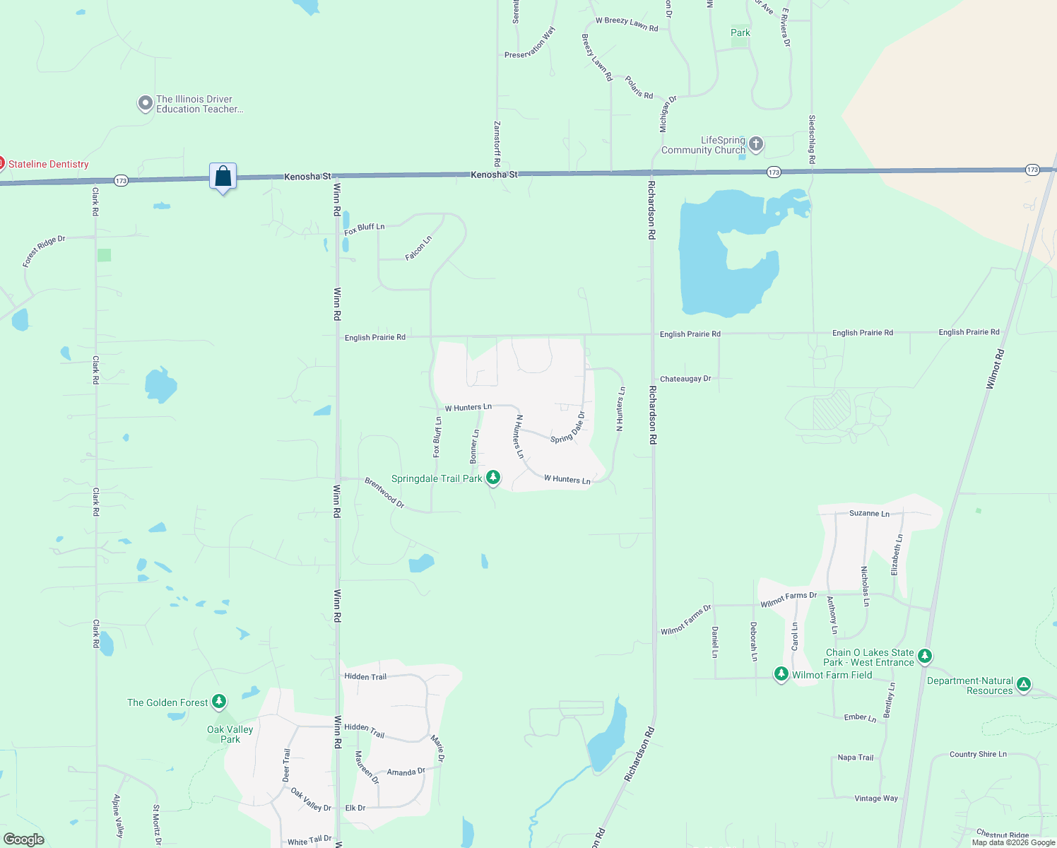 map of restaurants, bars, coffee shops, grocery stores, and more near 9806 North Hunters Lane in Spring Grove