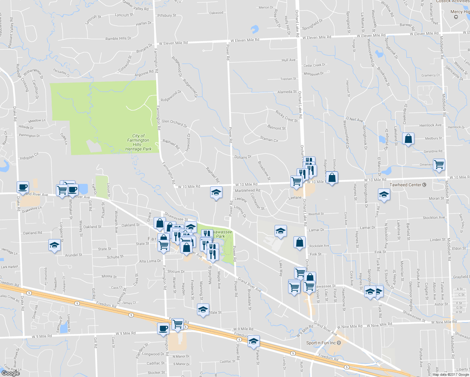 map of restaurants, bars, coffee shops, grocery stores, and more near 32380 Marblehead Road in Farmington