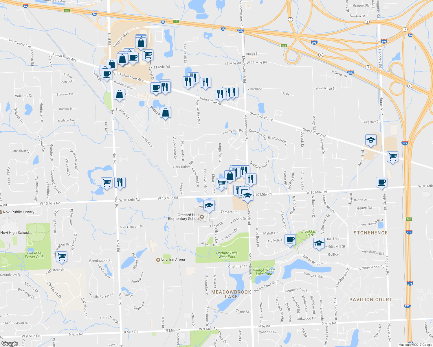map of restaurants, bars, coffee shops, grocery stores, and more near 24372 Kings Pointe in Novi