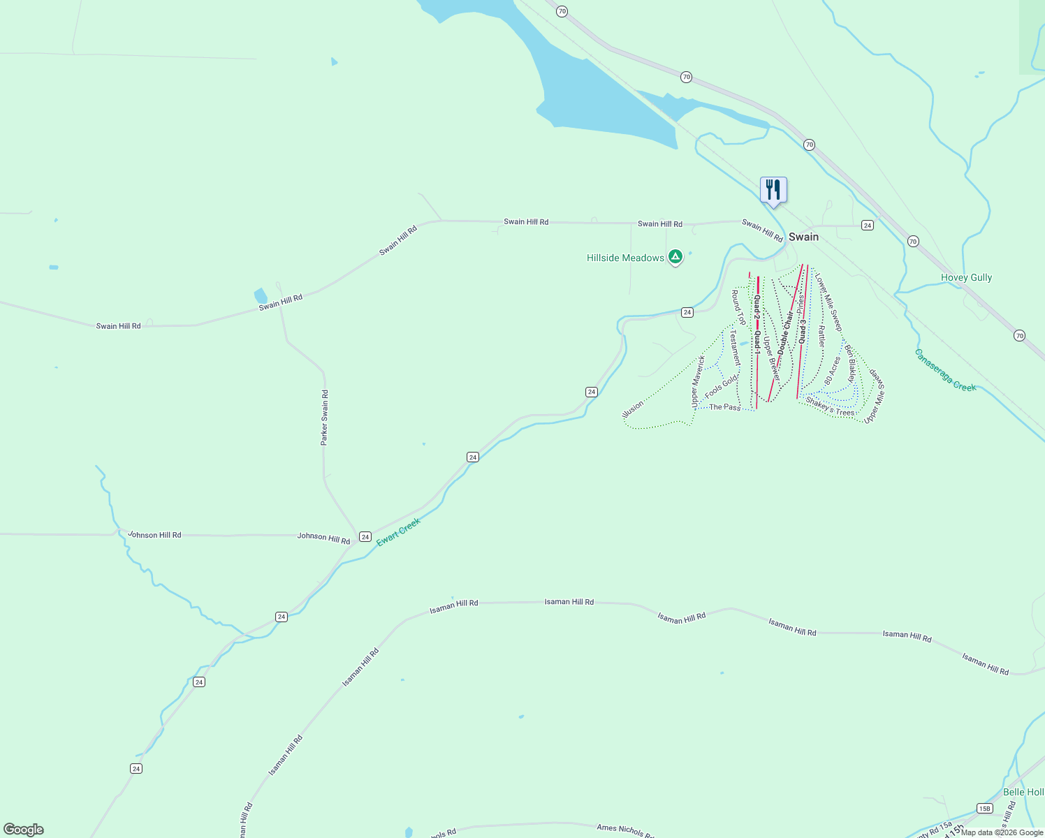map of restaurants, bars, coffee shops, grocery stores, and more near 2530 Co Road 24 in Swain