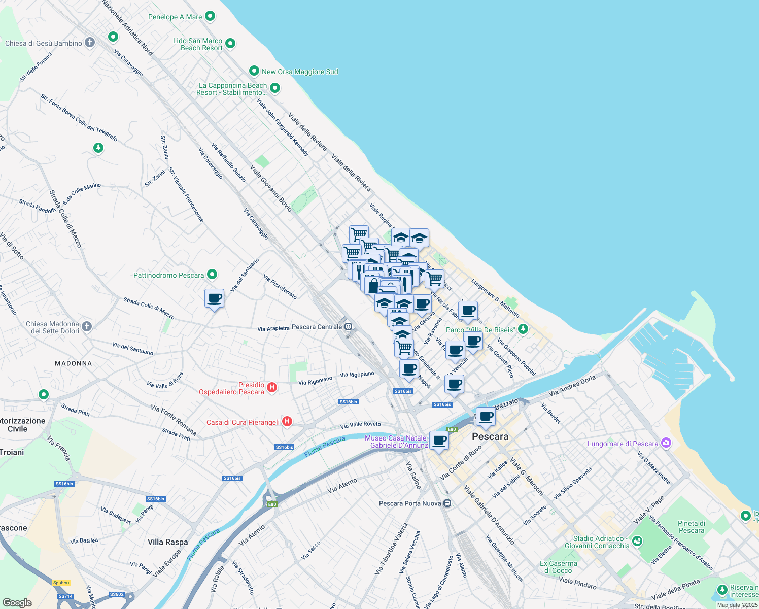 map of restaurants, bars, coffee shops, grocery stores, and more near 292 Corso Vittorio Emanuele II in Pescara