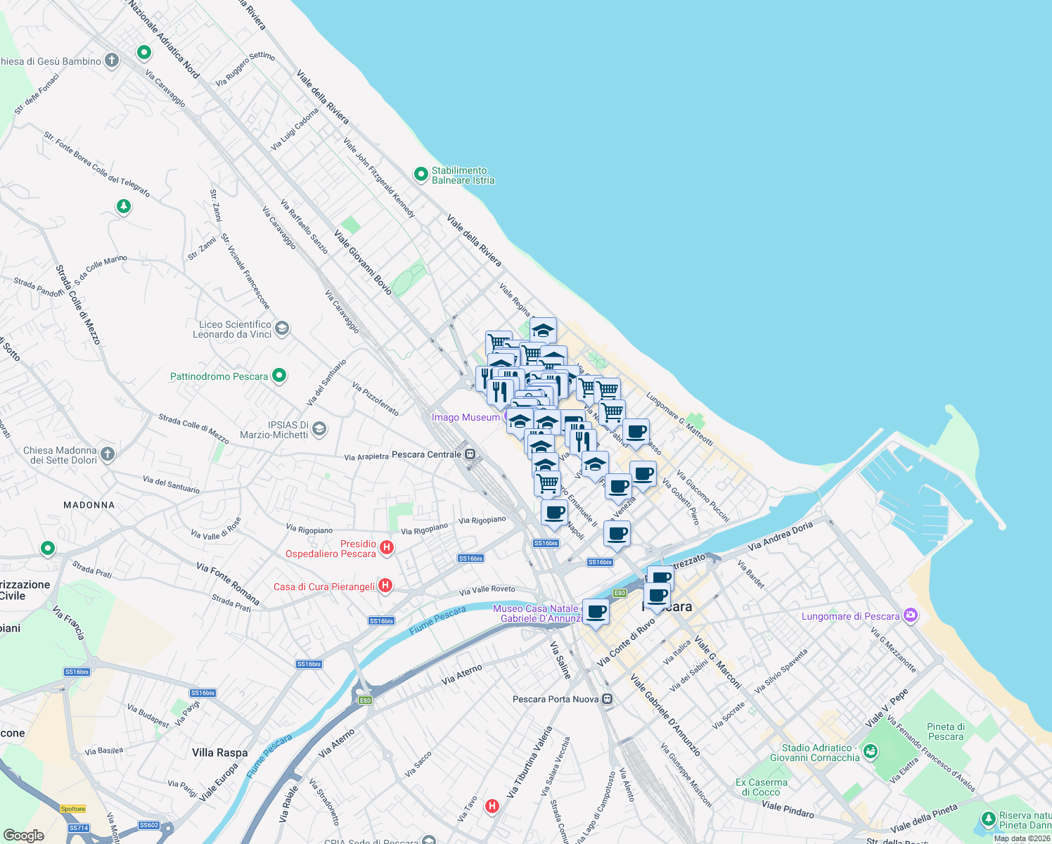 map of restaurants, bars, coffee shops, grocery stores, and more near 16 Via Trento in Pescara