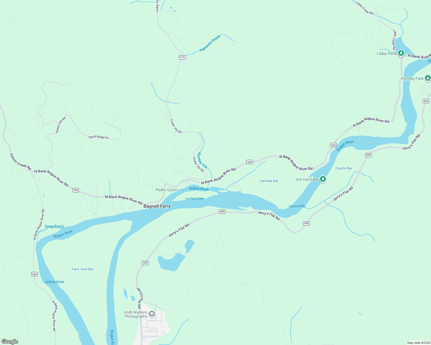 map of restaurants, bars, coffee shops, grocery stores, and more near 95950 North Bank Rogue River Road in Gold Beach
