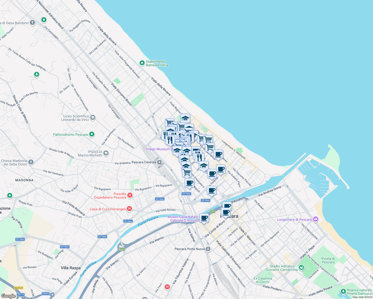 map of restaurants, bars, coffee shops, grocery stores, and more near 16-29 Via Trento in Pescara