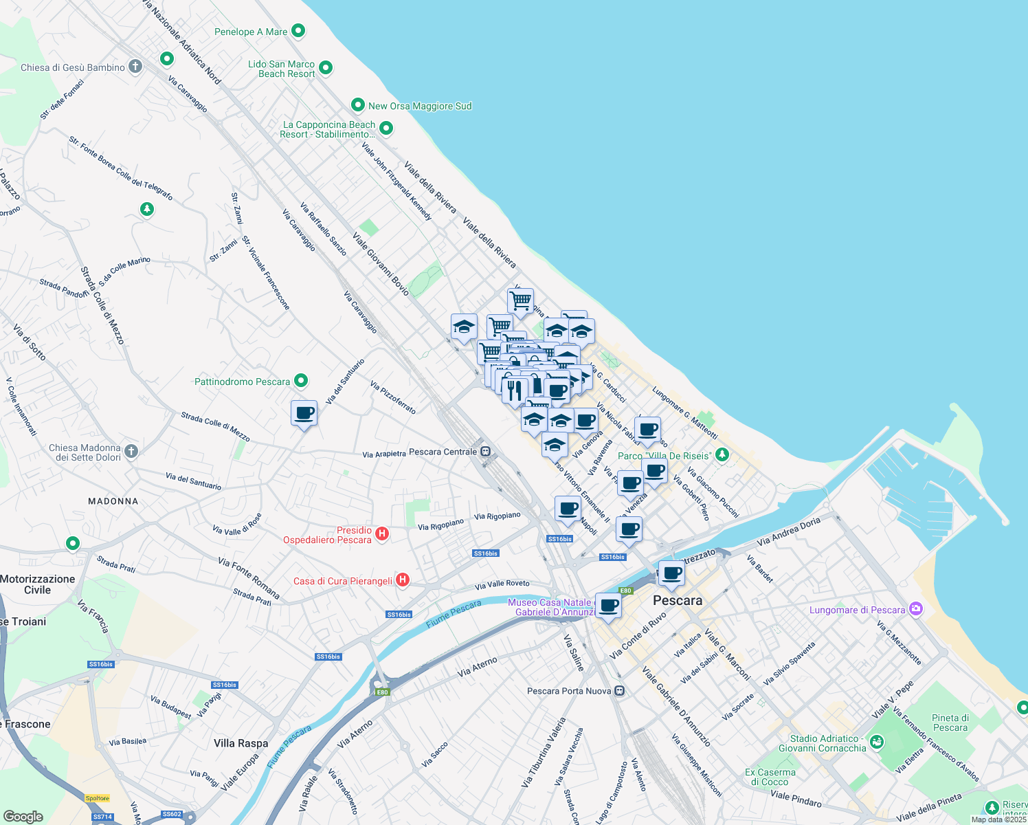 map of restaurants, bars, coffee shops, grocery stores, and more near 292 Corso Vittorio Emanuele II in Pescara