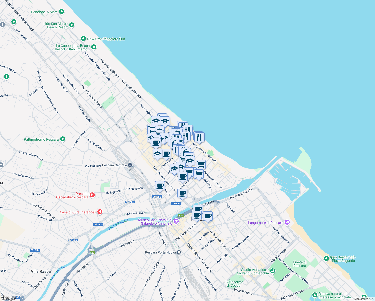 map of restaurants, bars, coffee shops, grocery stores, and more near 91 Via Trilussa in Pescara