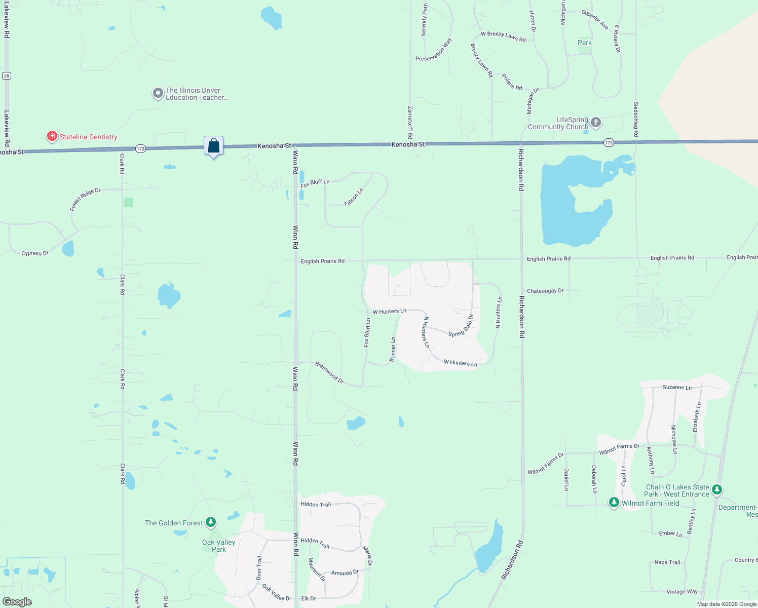 map of restaurants, bars, coffee shops, grocery stores, and more near 2104 W Hunters Ln in Spring Grove