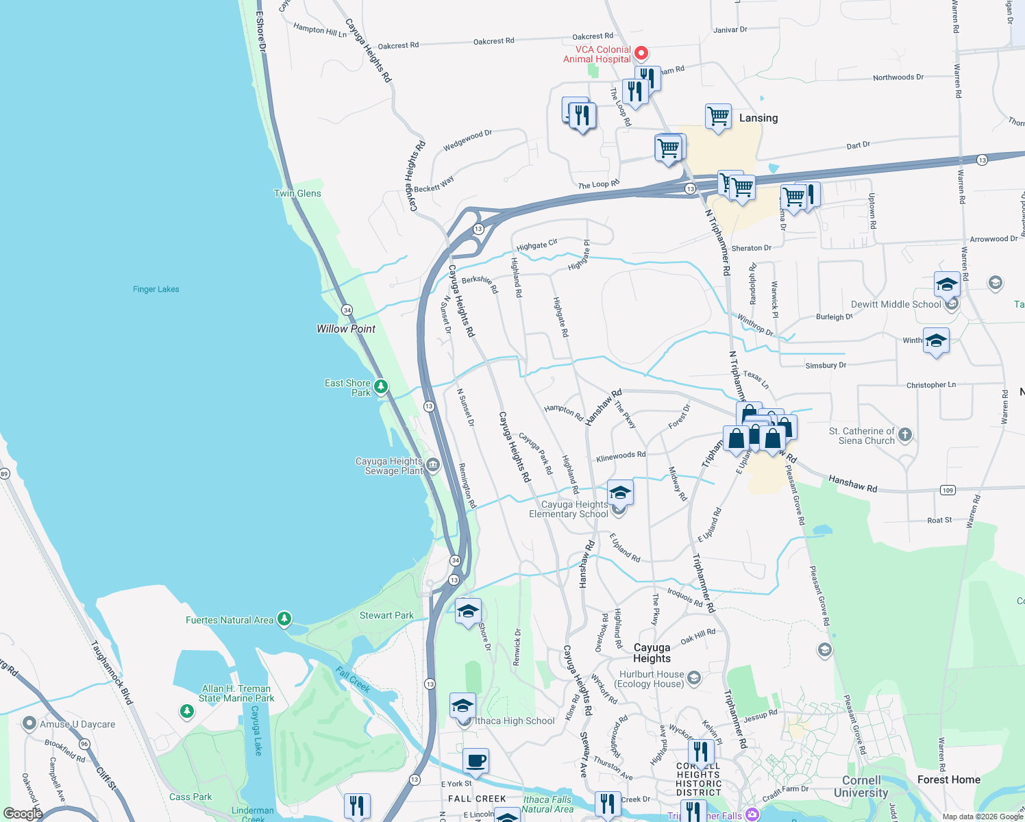 map of restaurants, bars, coffee shops, grocery stores, and more near 531 Cayuga Heights Rd in Ithaca