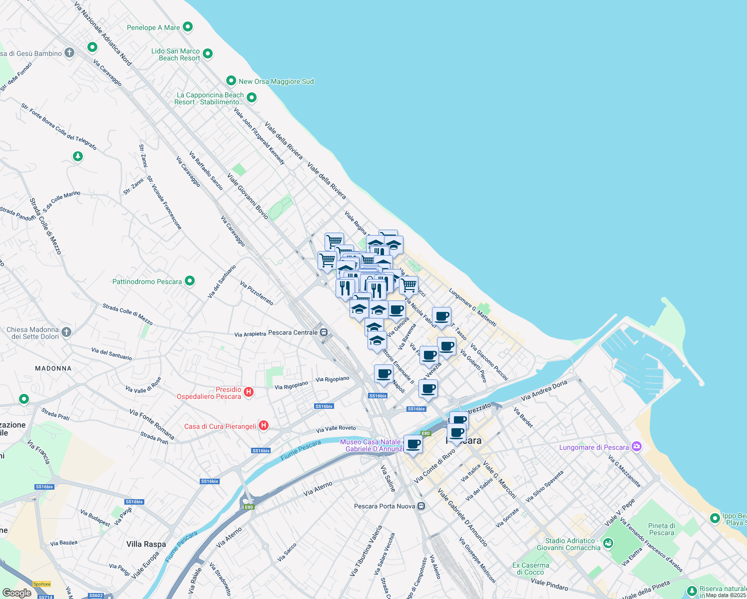 map of restaurants, bars, coffee shops, grocery stores, and more near 216 Via Firenze in Pescara
