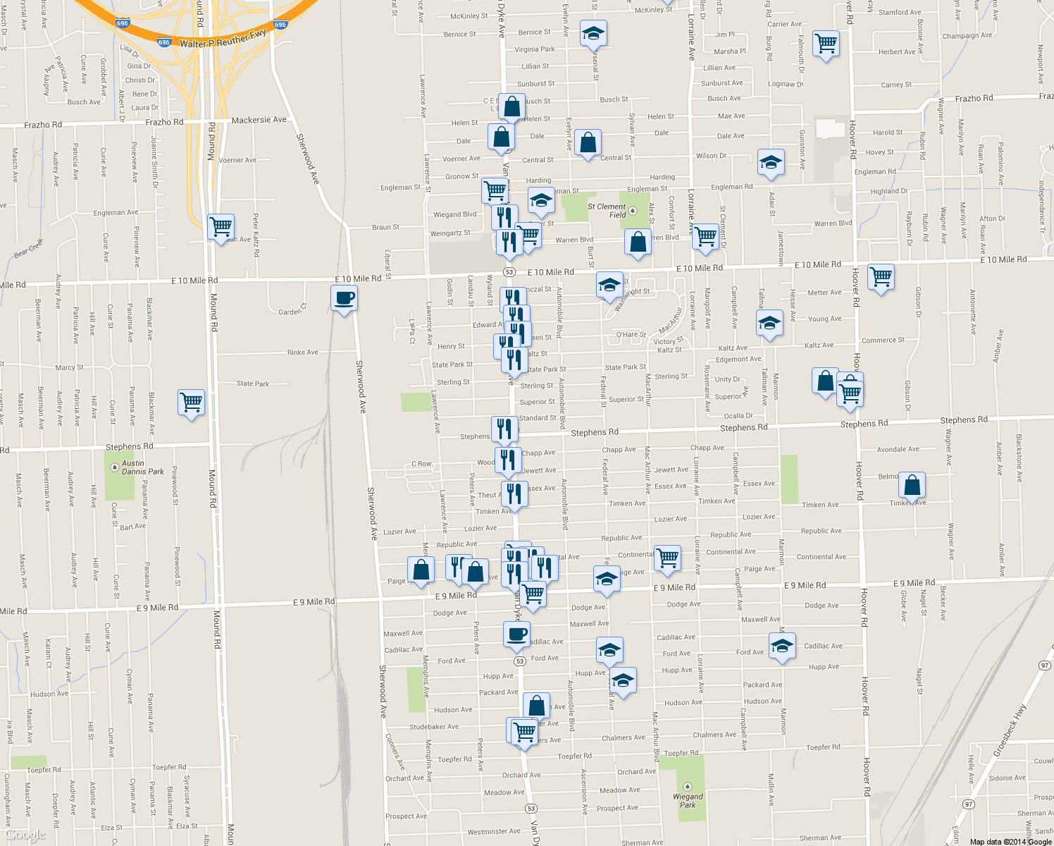 map of restaurants, bars, coffee shops, grocery stores, and more near 8036 Standard Street in Center Line