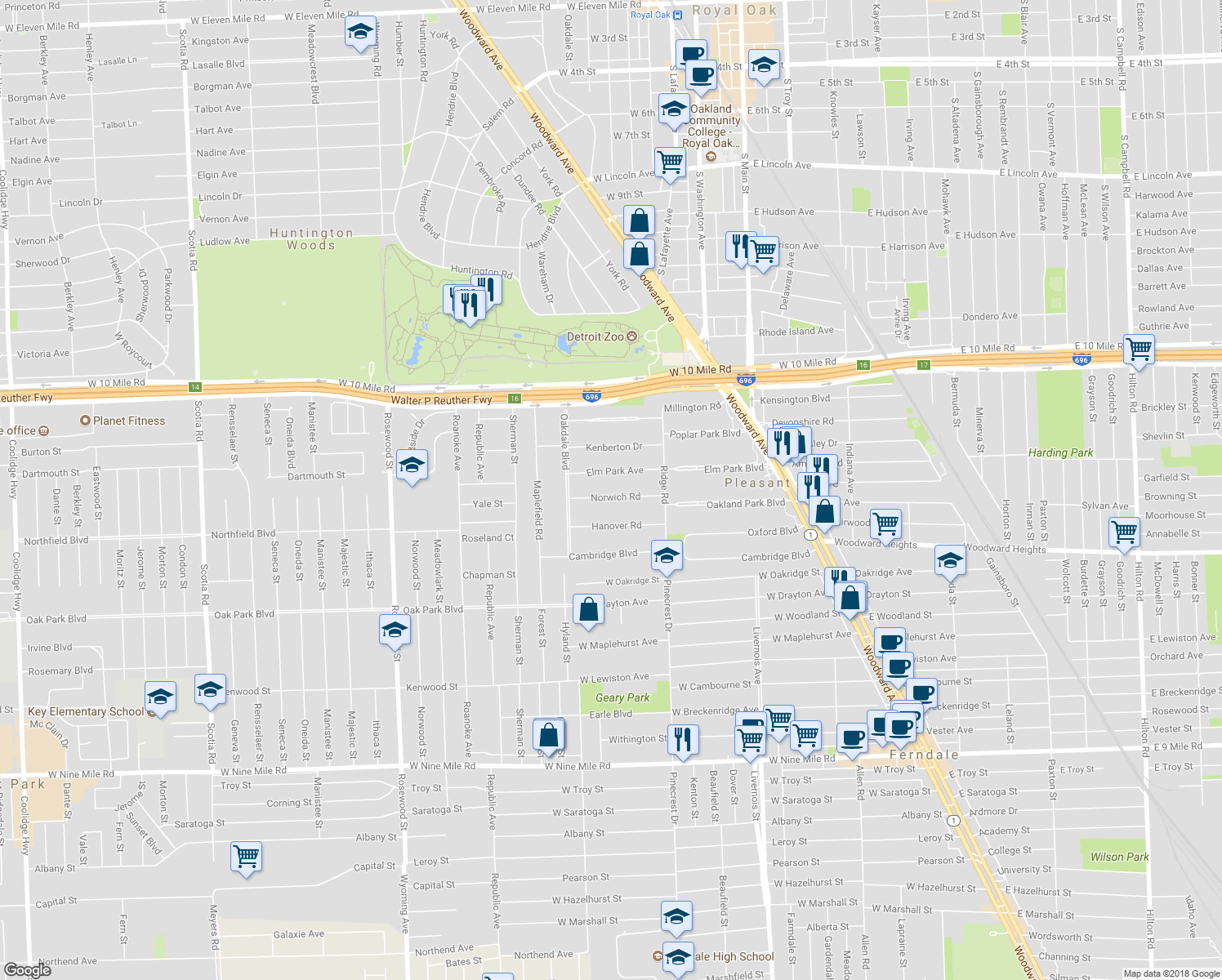 map of restaurants, bars, coffee shops, grocery stores, and more near 18 Norwich Road in Pleasant Ridge