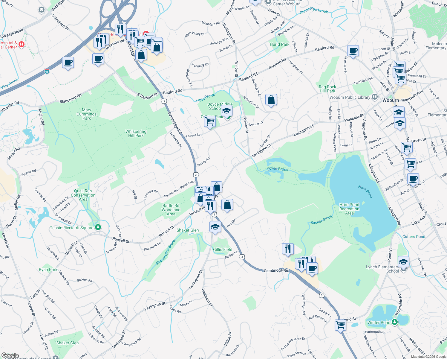 map of restaurants, bars, coffee shops, grocery stores, and more near 171 Lexington Street in Woburn