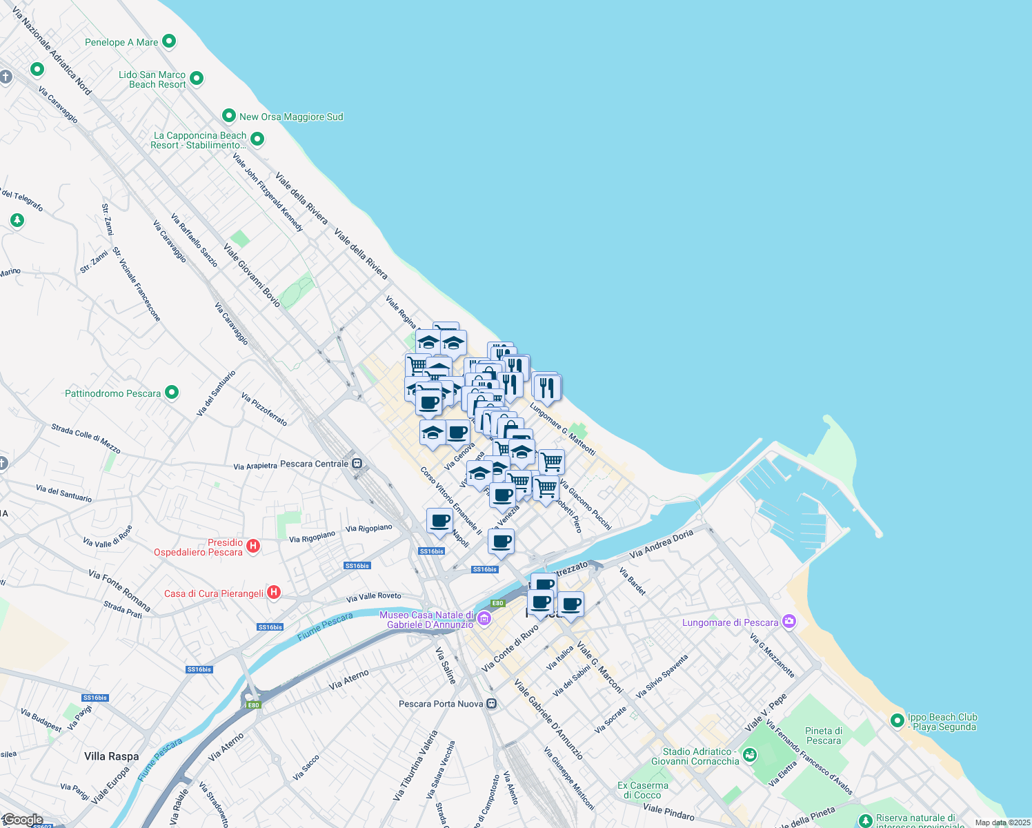 map of restaurants, bars, coffee shops, grocery stores, and more near 91 Via Trilussa in Pescara