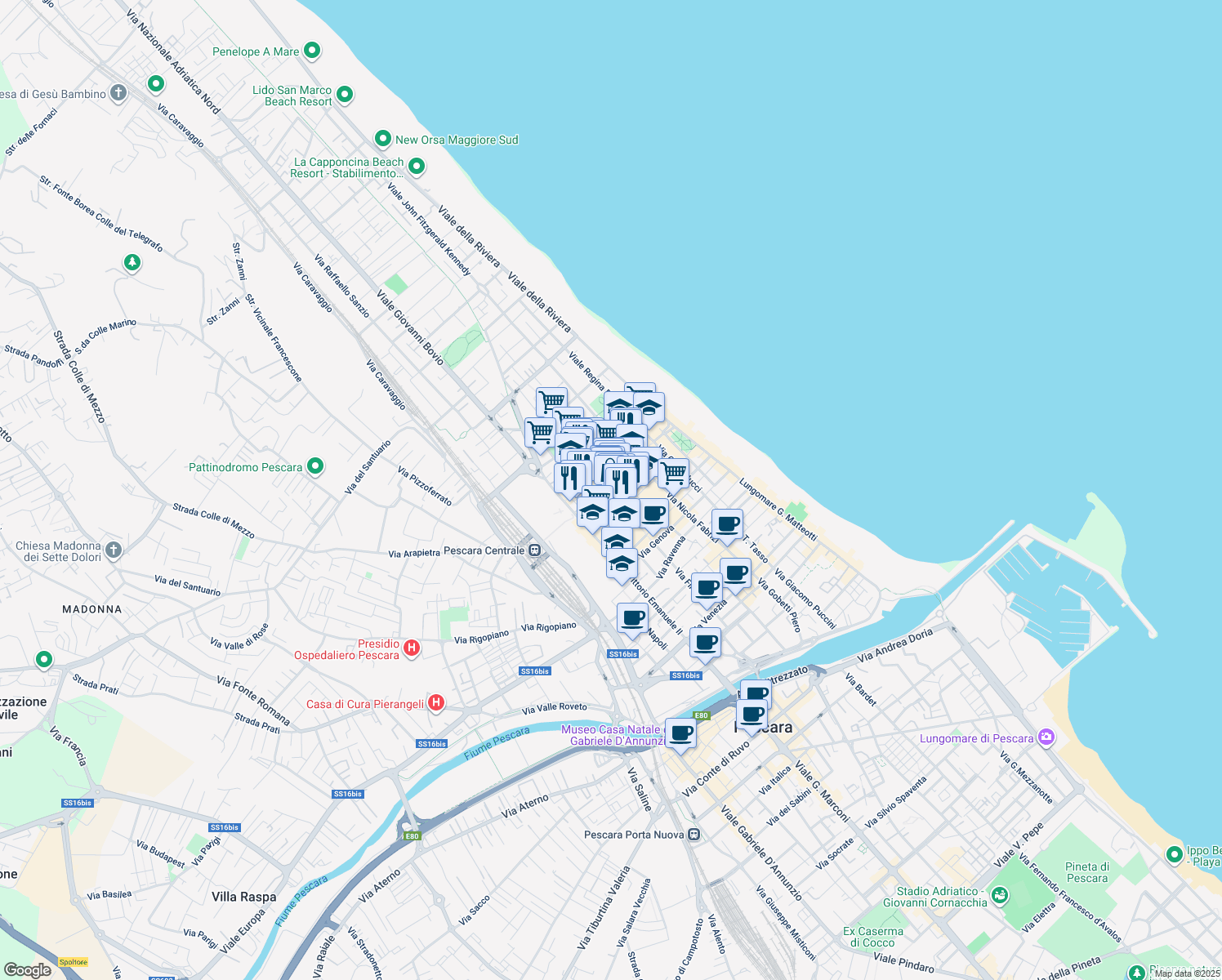 map of restaurants, bars, coffee shops, grocery stores, and more near 216 Via Firenze in Pescara