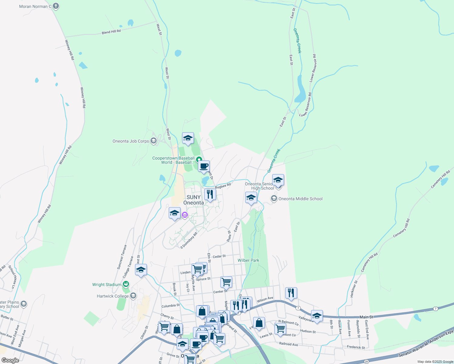 map of restaurants, bars, coffee shops, grocery stores, and more near 20 Bugbee Rd in Oneonta