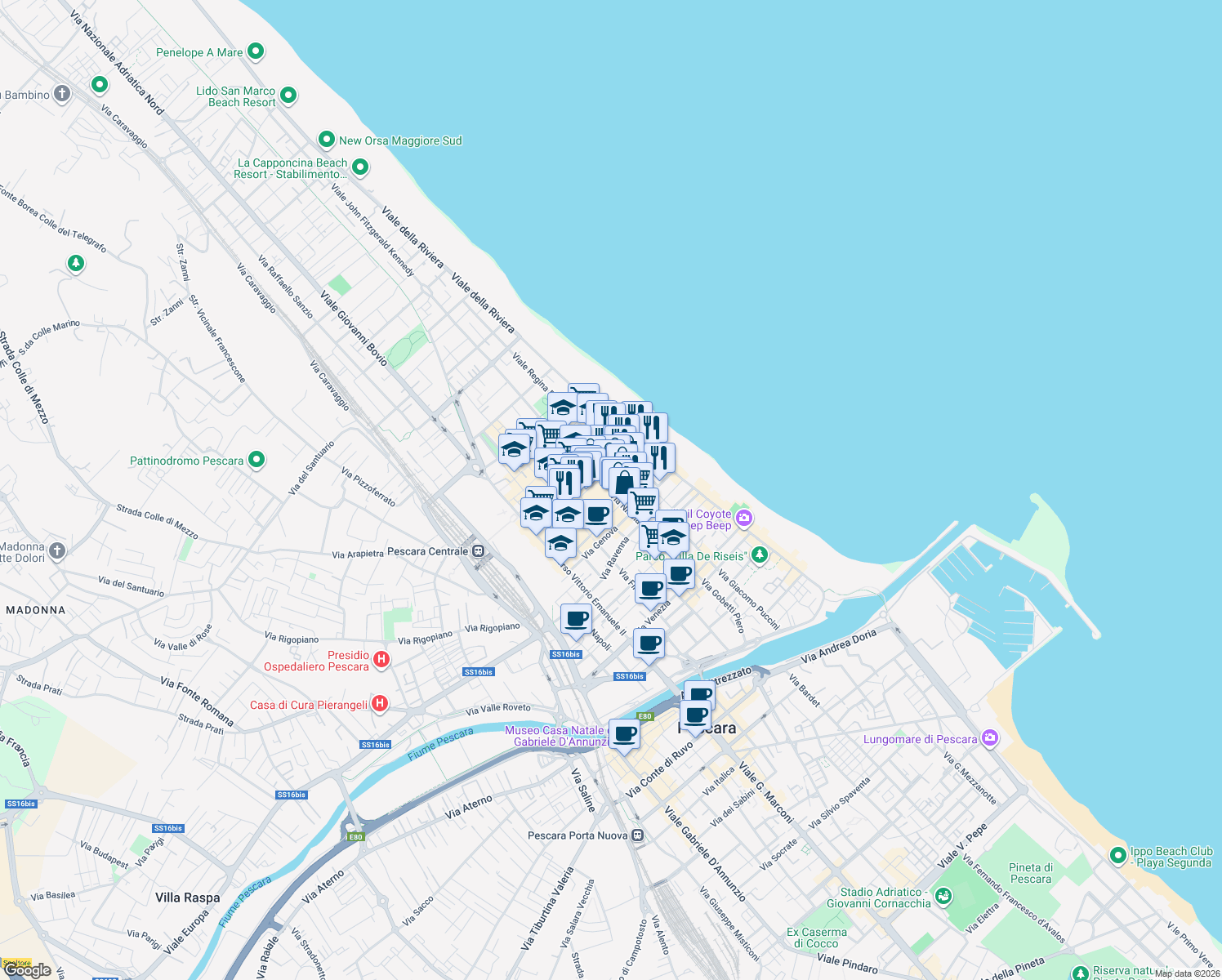 map of restaurants, bars, coffee shops, grocery stores, and more near 190 Via Nicola Fabrizi in Pescara