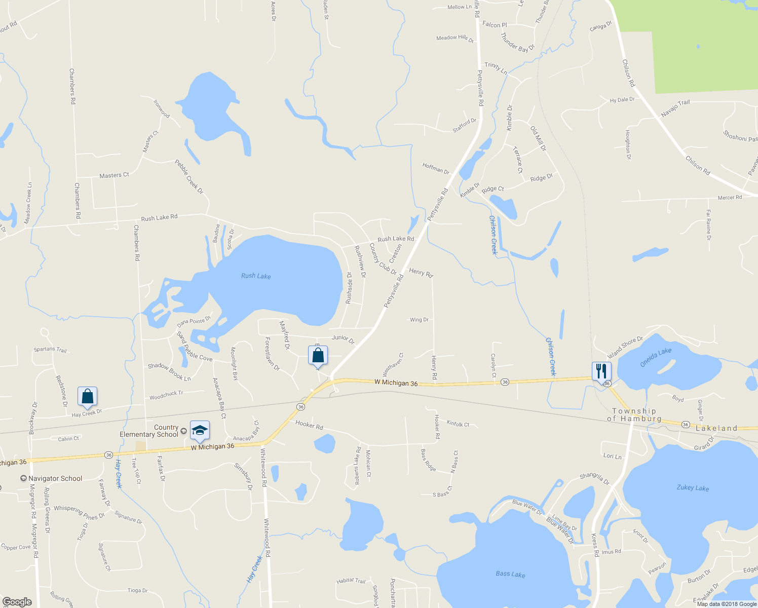 map of restaurants, bars, coffee shops, grocery stores, and more near 8890 Pettysville Road in Pinckney