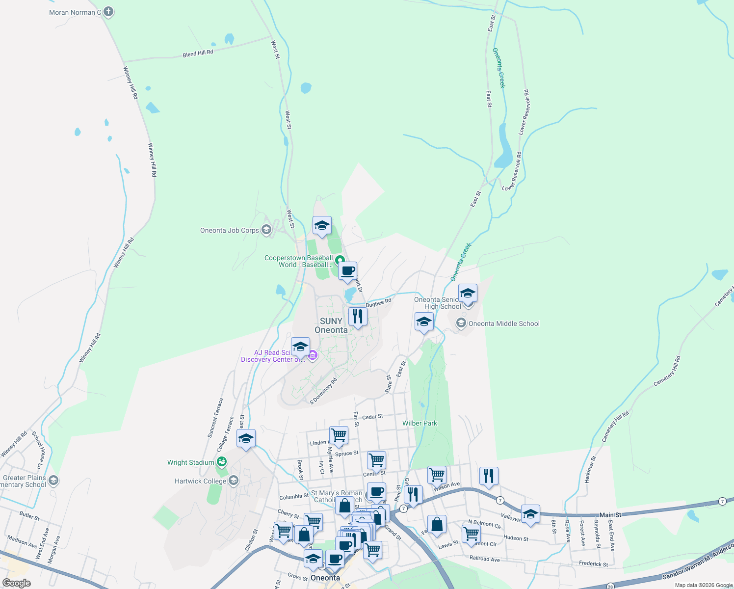 map of restaurants, bars, coffee shops, grocery stores, and more near 1 College Park Dr in Oneonta