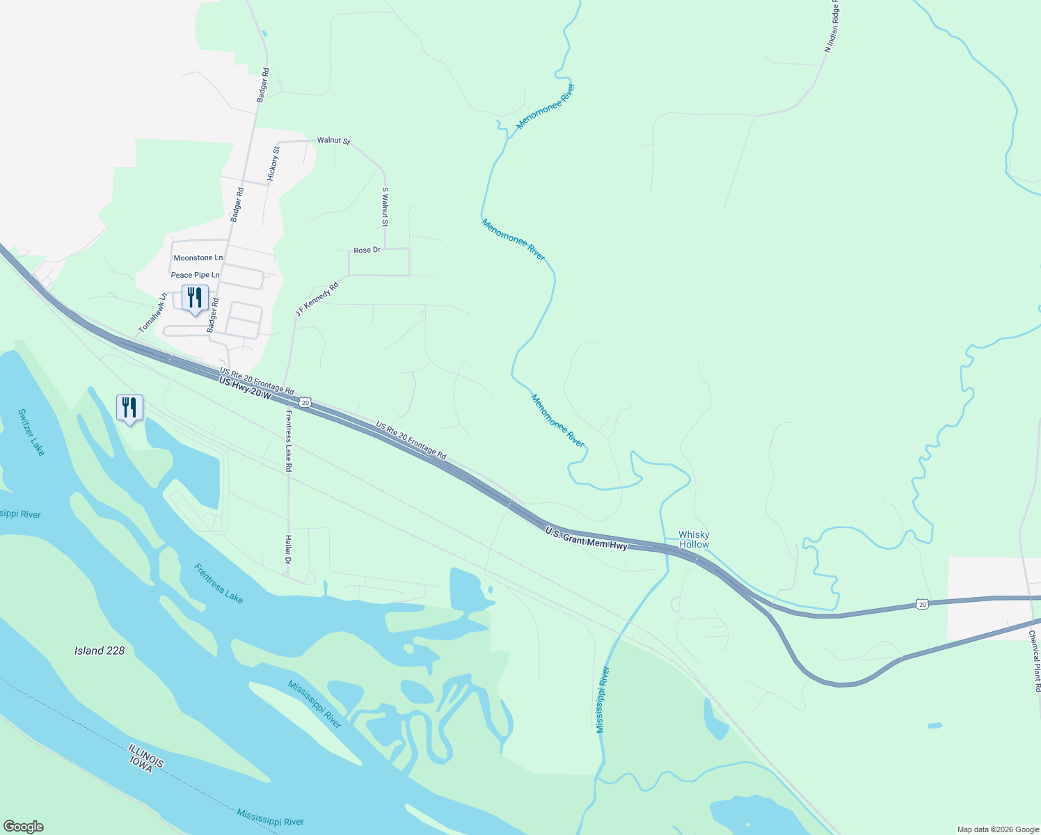 map of restaurants, bars, coffee shops, grocery stores, and more near 98 Roosevelt Drive in East Dubuque