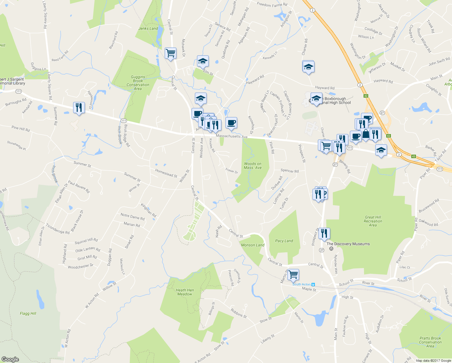 map of restaurants, bars, coffee shops, grocery stores, and more near 43 Kinsley Road in Acton