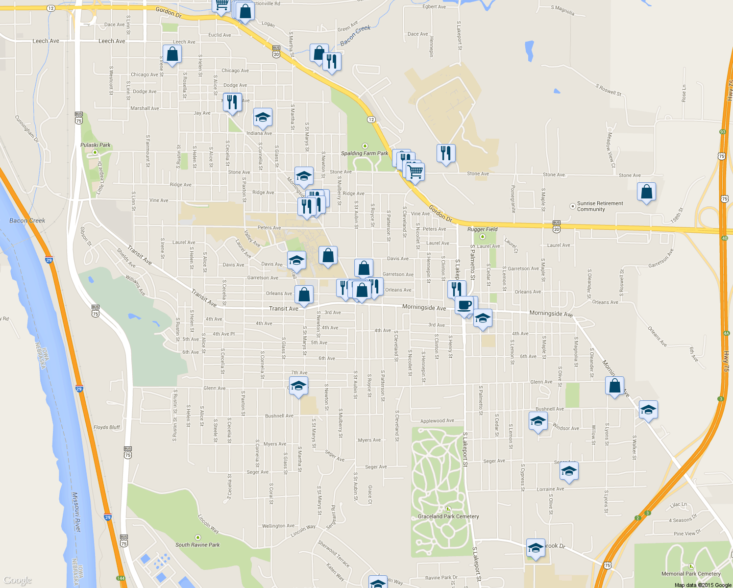 map of restaurants, bars, coffee shops, grocery stores, and more near 4099 Morningside Avenue in Sioux City
