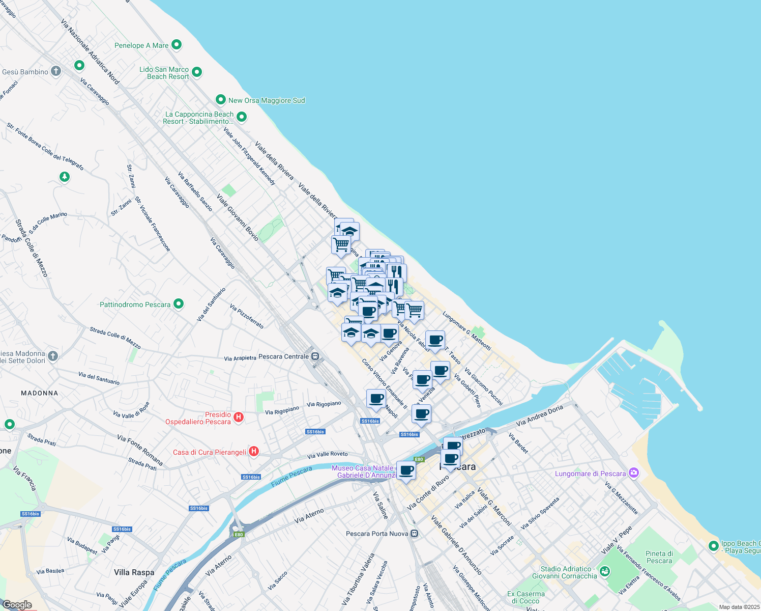 map of restaurants, bars, coffee shops, grocery stores, and more near 217 Via Nicola Fabrizi in Pescara