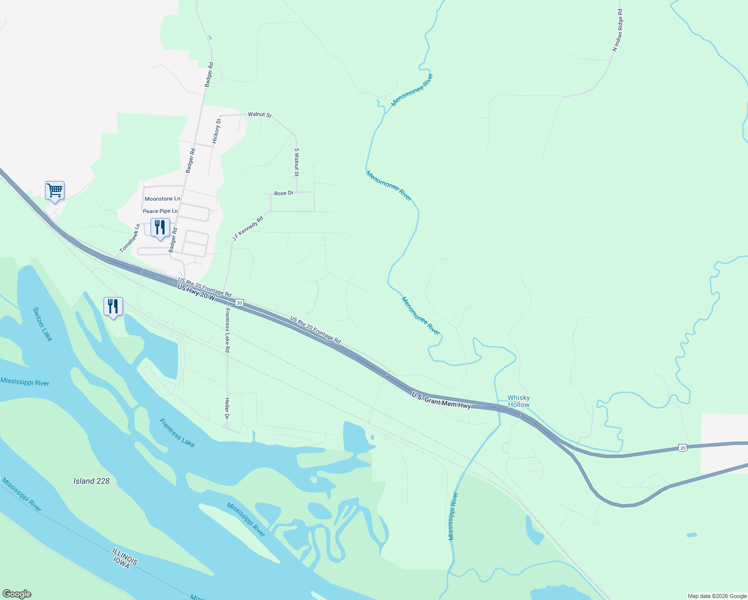 map of restaurants, bars, coffee shops, grocery stores, and more near 98 Roosevelt Drive in East Dubuque