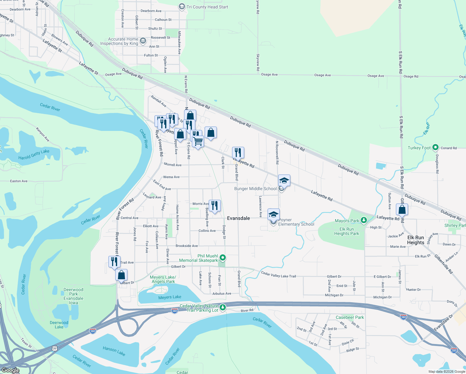 map of restaurants, bars, coffee shops, grocery stores, and more near 314 Grand Boulevard in Evansdale