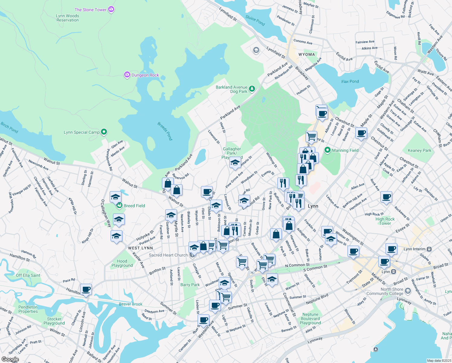 map of restaurants, bars, coffee shops, grocery stores, and more near 90 Linwood Street in Lynn