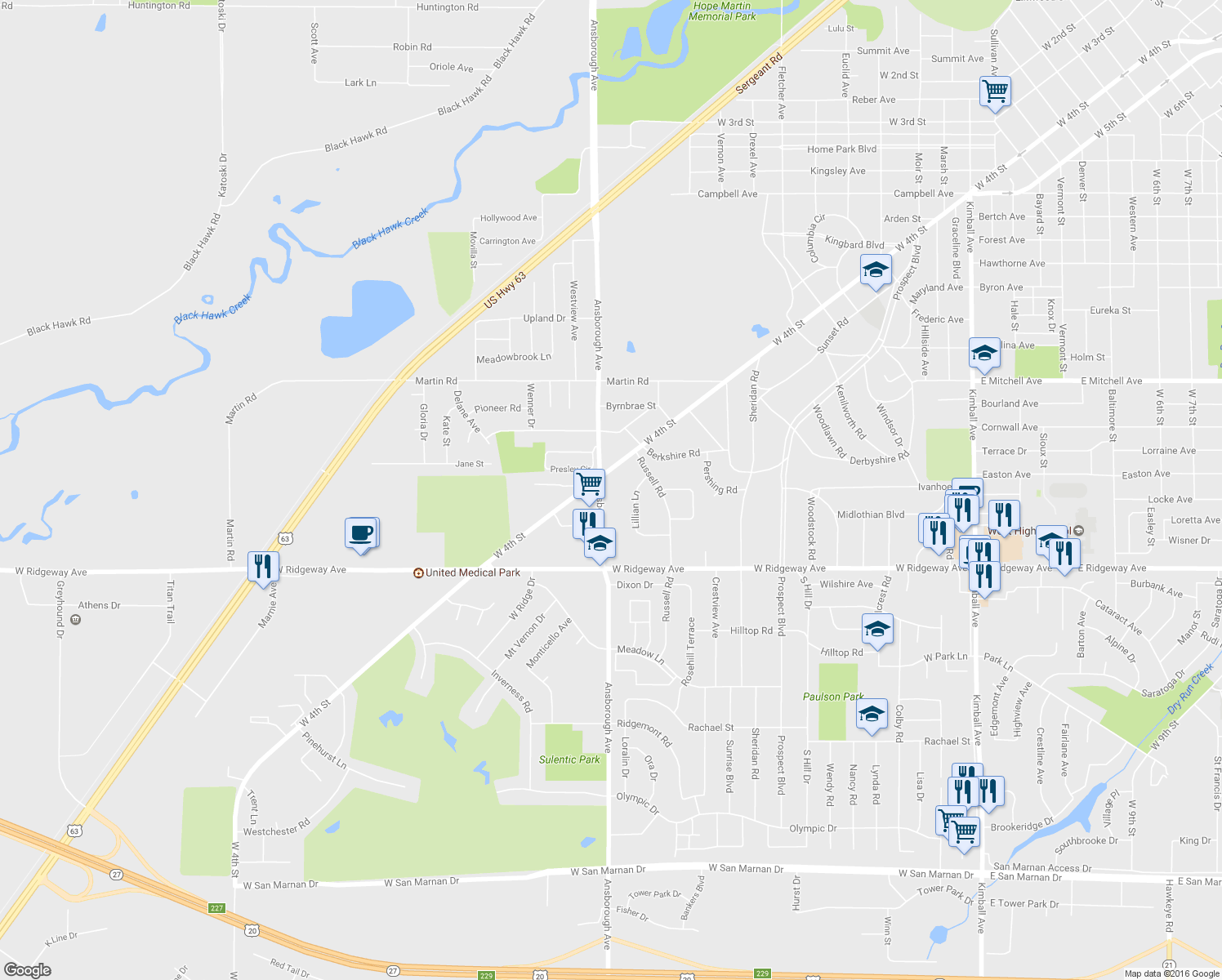 map of restaurants, bars, coffee shops, grocery stores, and more near 2817 Ansborough Avenue in Waterloo