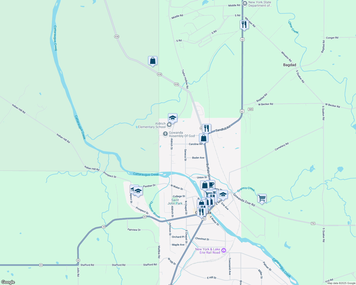 map of restaurants, bars, coffee shops, grocery stores, and more near 141 Caroline Rd in Gowanda