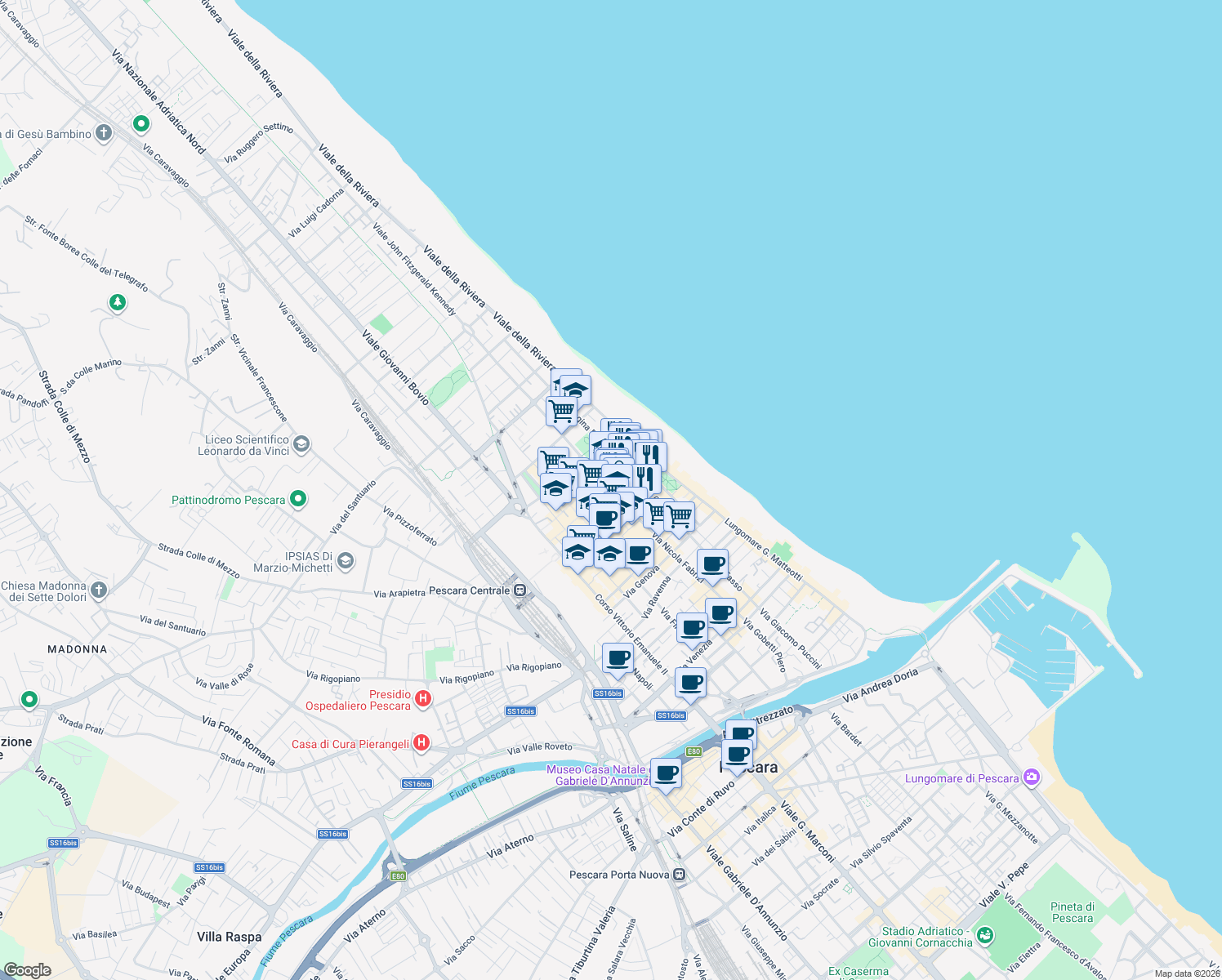map of restaurants, bars, coffee shops, grocery stores, and more near 217 Via Nicola Fabrizi in Pescara