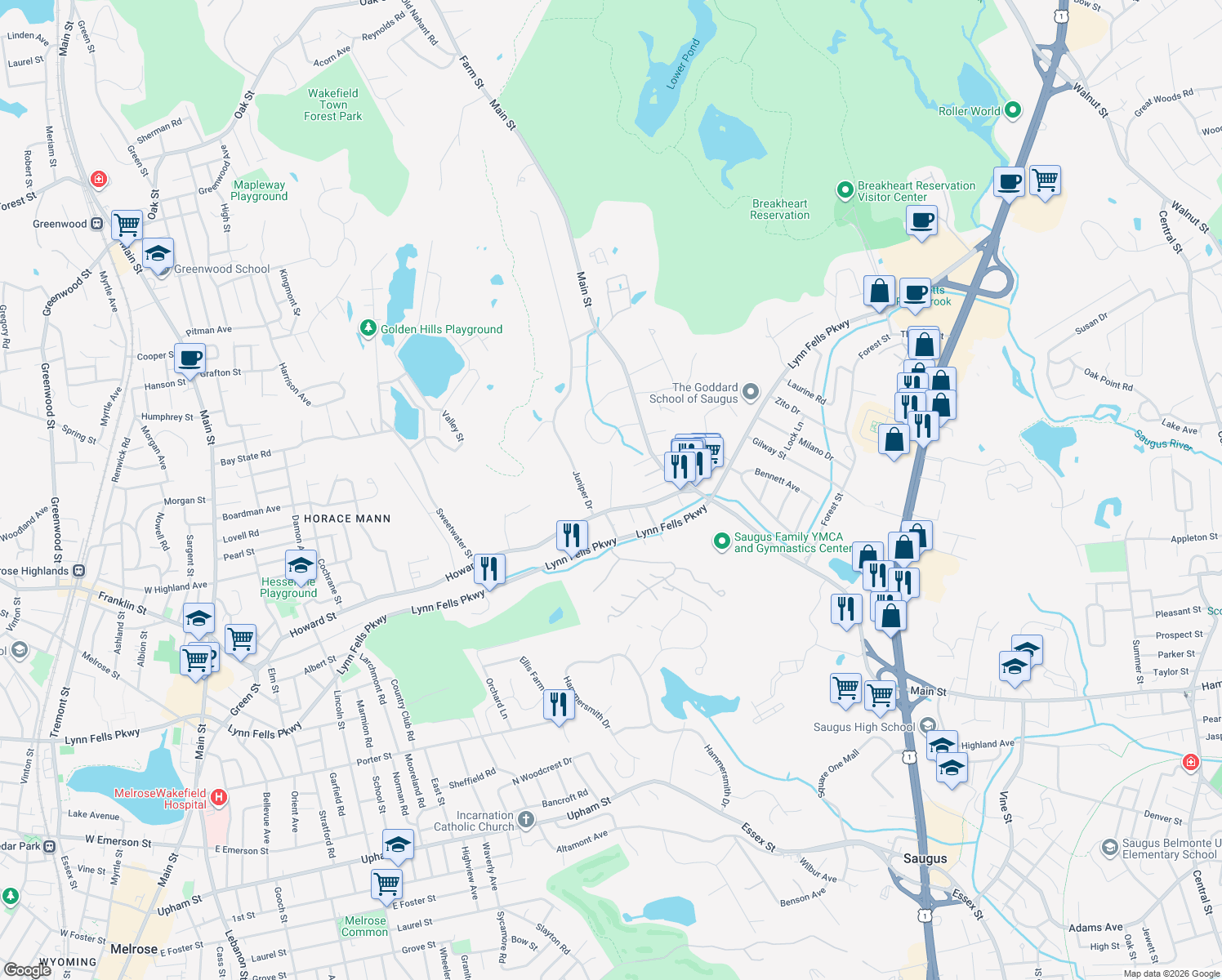 map of restaurants, bars, coffee shops, grocery stores, and more near 5 Fernwood Road in Saugus