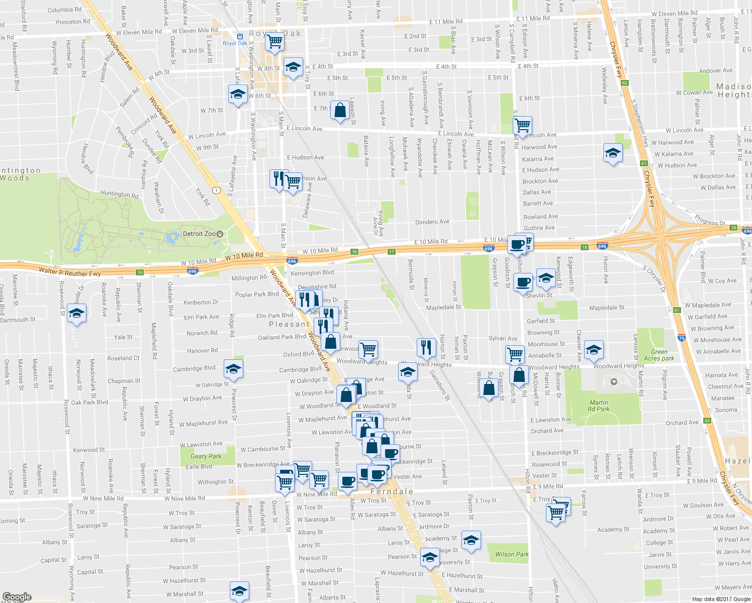 map of restaurants, bars, coffee shops, grocery stores, and more near 76 Wellesley Drive in Pleasant Ridge