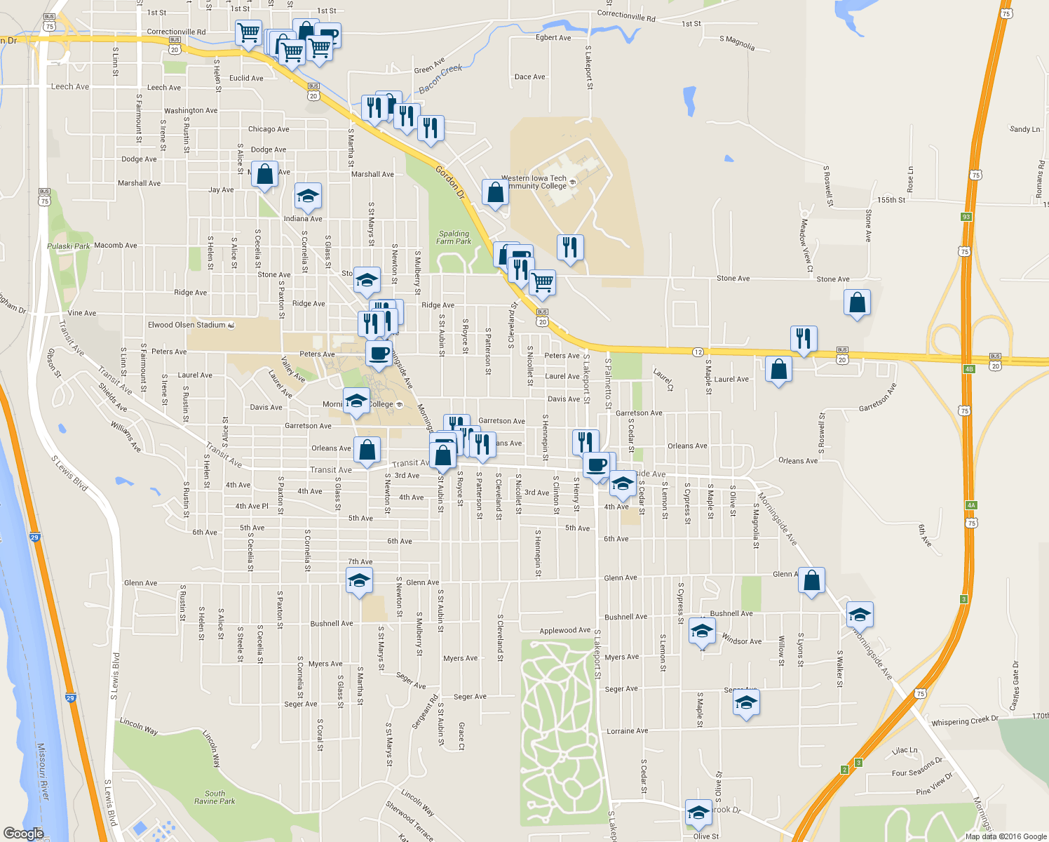 map of restaurants, bars, coffee shops, grocery stores, and more near 1801 South Nicollet Street in Sioux City