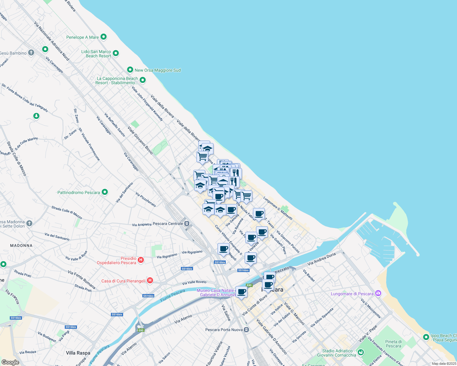 map of restaurants, bars, coffee shops, grocery stores, and more near 217 Via Nicola Fabrizi in Pescara