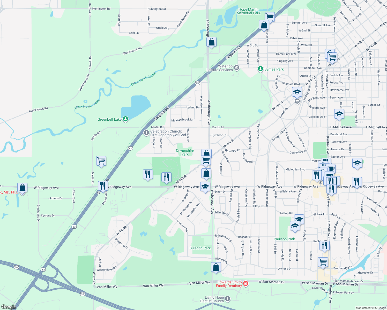 map of restaurants, bars, coffee shops, grocery stores, and more near Presley Cir in Waterloo