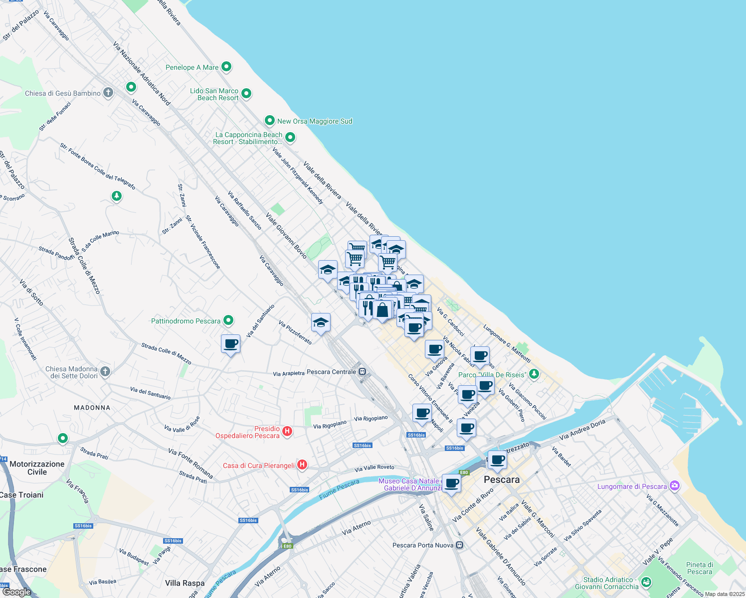 map of restaurants, bars, coffee shops, grocery stores, and more near 130 Via C. Battisti in Pescara