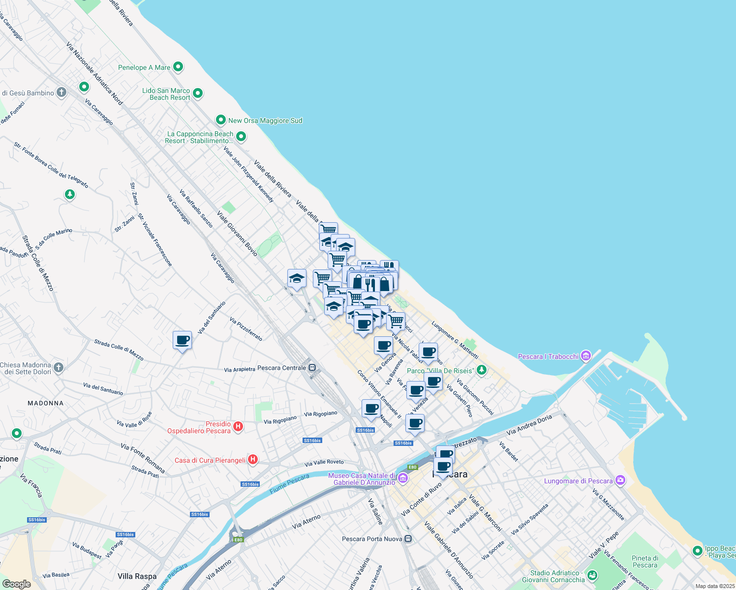 map of restaurants, bars, coffee shops, grocery stores, and more near 166 Via Giuseppe Mazzini in Pescara