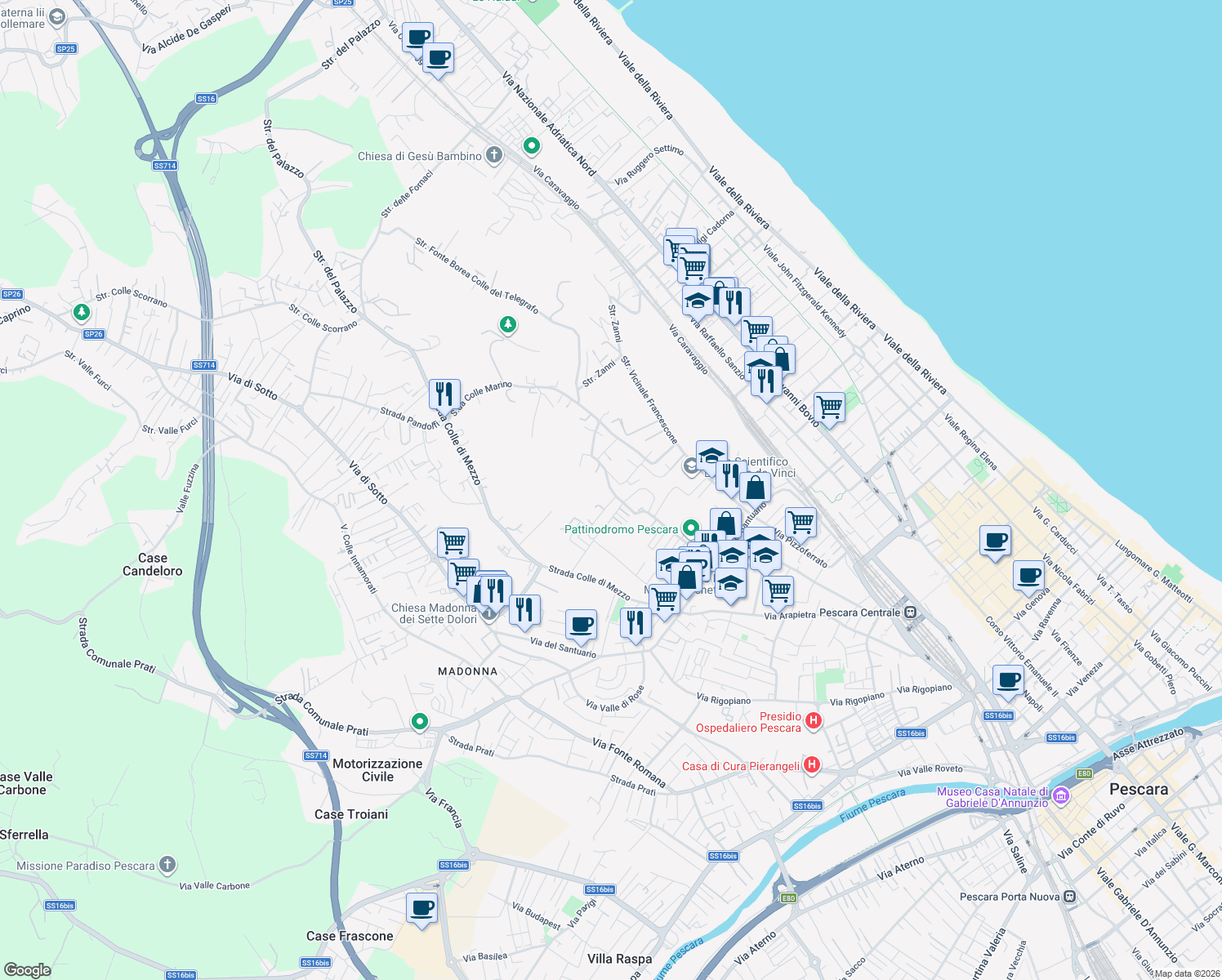 map of restaurants, bars, coffee shops, grocery stores, and more near 25 Strada Cavallaro in Pescara